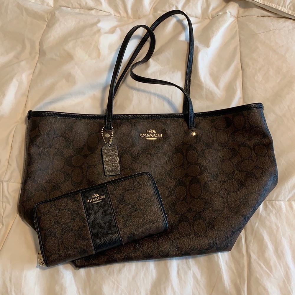 Brown Coach bag with matching wallet.
